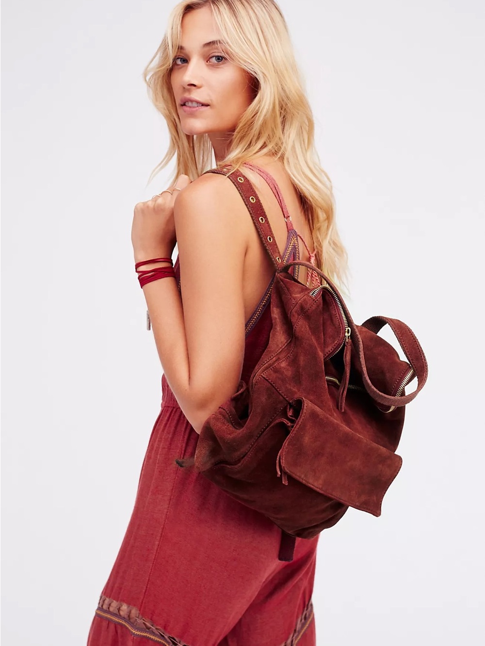 Free People Rockaway Mahogany Suede Leather Backpack Boho Bag